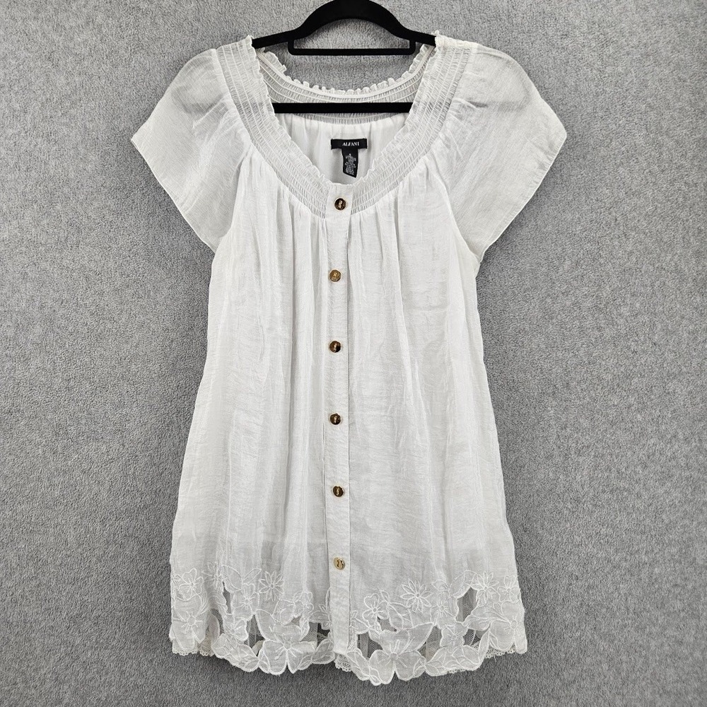 ALFANI | White Peasant Blouse Floral Eyelet Embroidered Smocked Short Sleeve